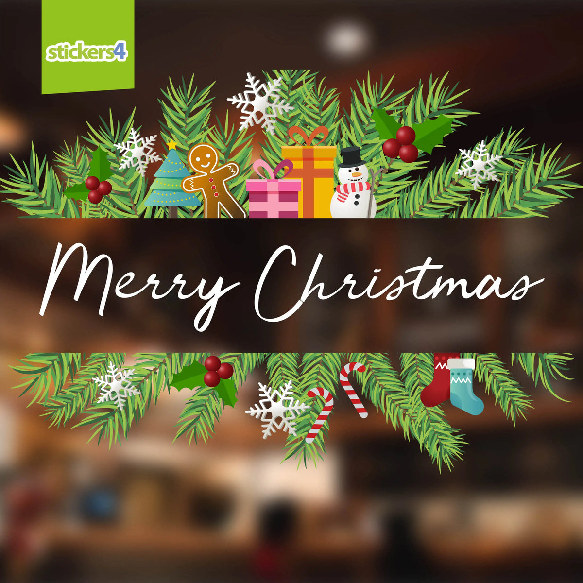 Christmas-themed design with wreath, presents, gingerbread man, snowman, and candy canes on a dark background.