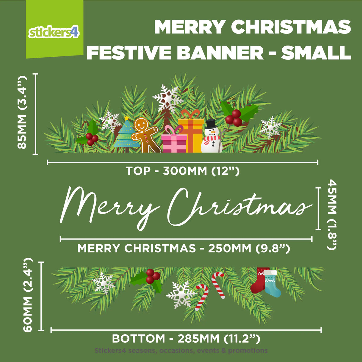 Festive banner with Christmas elements and dimensions on a green background
