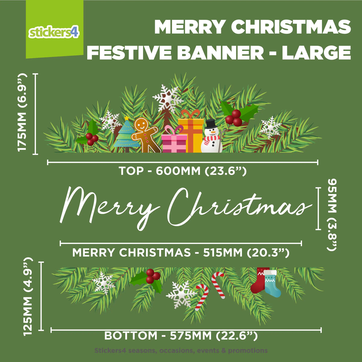 Festive banner with Christmas elements and dimensions on a green background