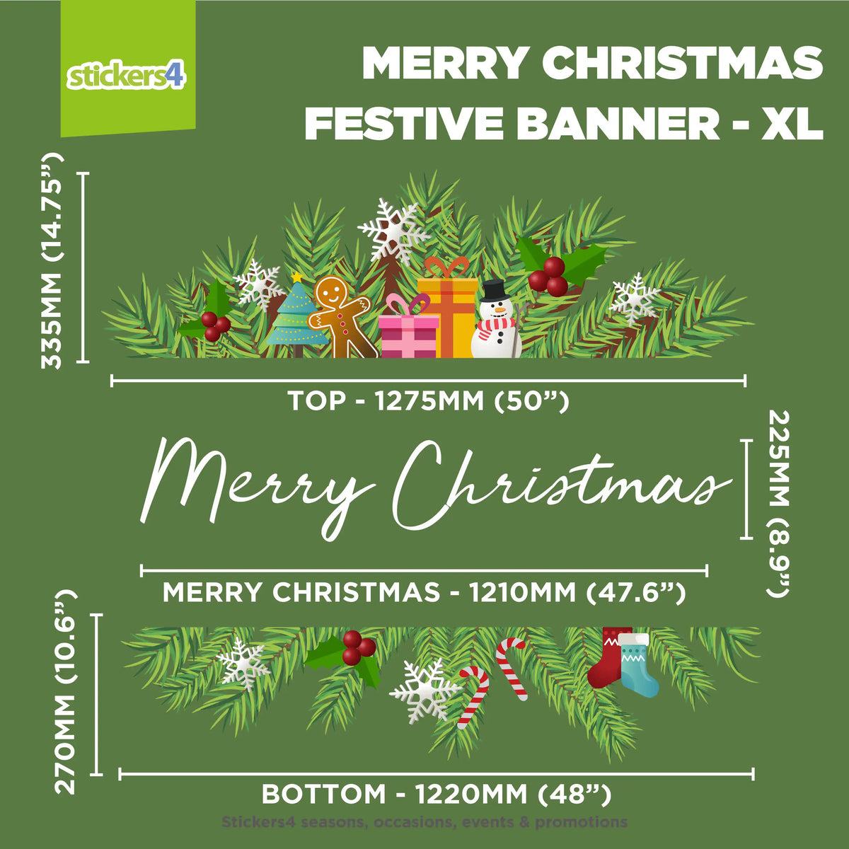 Festive banner with Christmas elements and dimensions on a green background