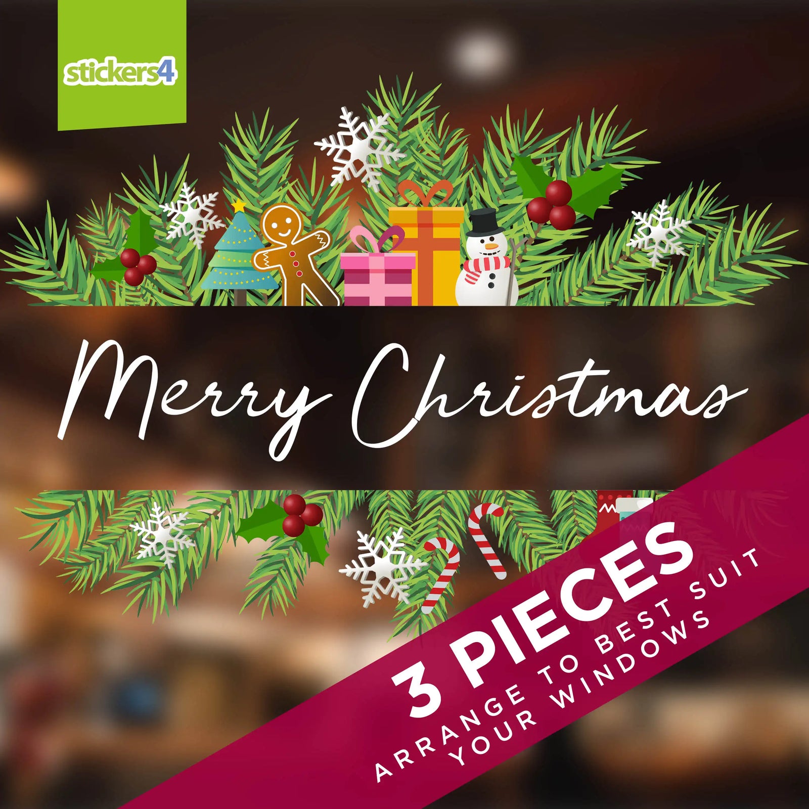 Christmas-themed decorative stickers with greenery, presents, and text on a dark background.