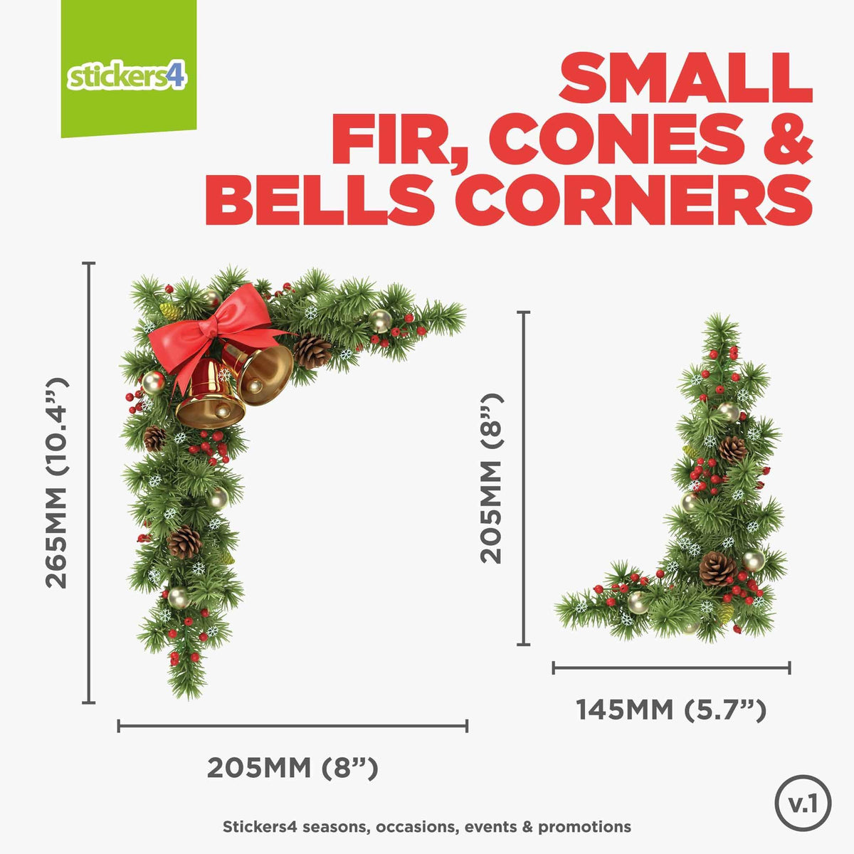 Fir, Cones &amp; Bells Set of 2 Corners Christmas Window Display
