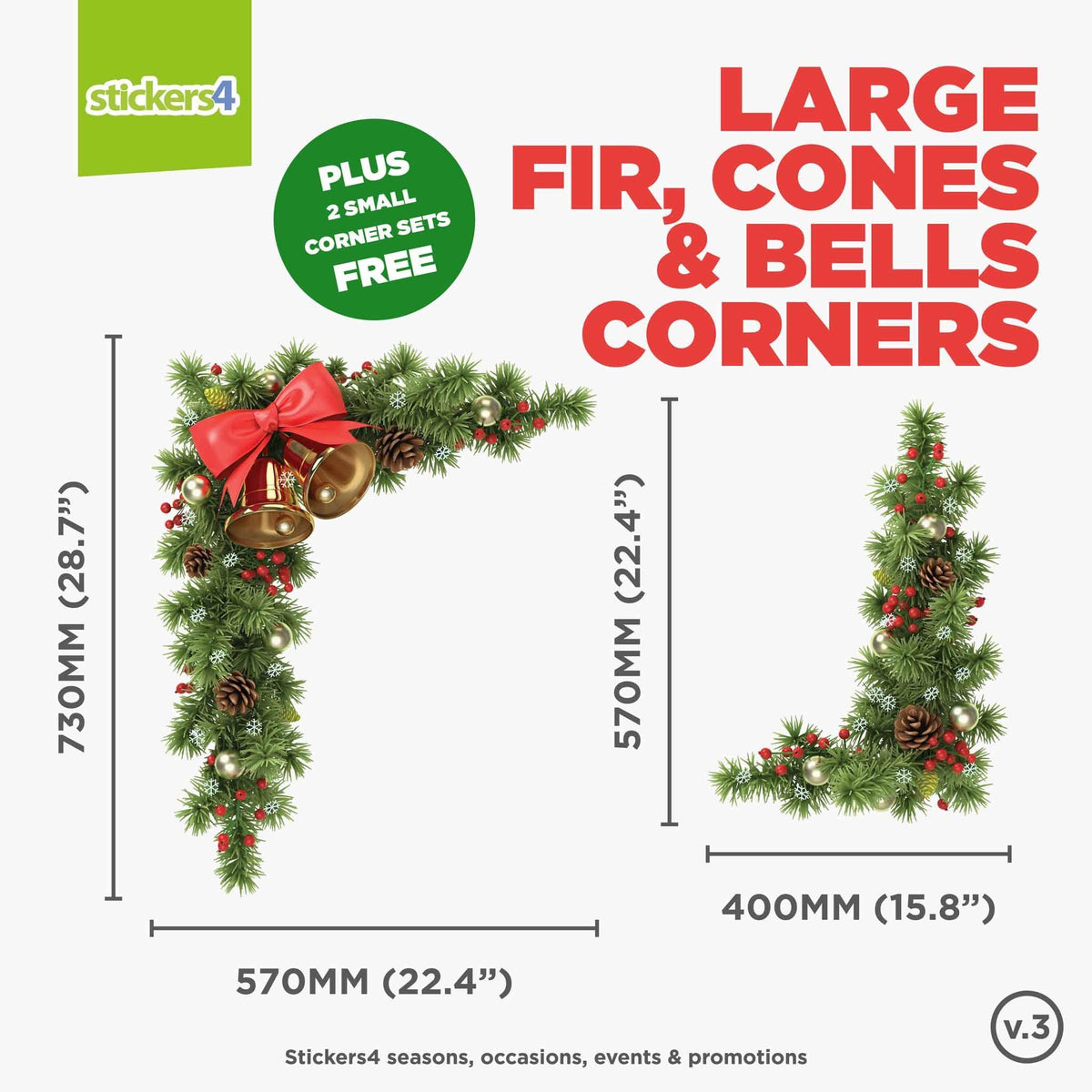 Fir, Cones &amp; Bells Set of 2 Corners Christmas Window Display