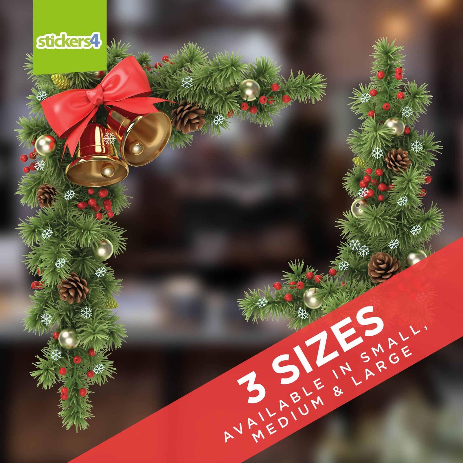 Fir, Cones & Bells Set of 2 Corners Christmas Window Display