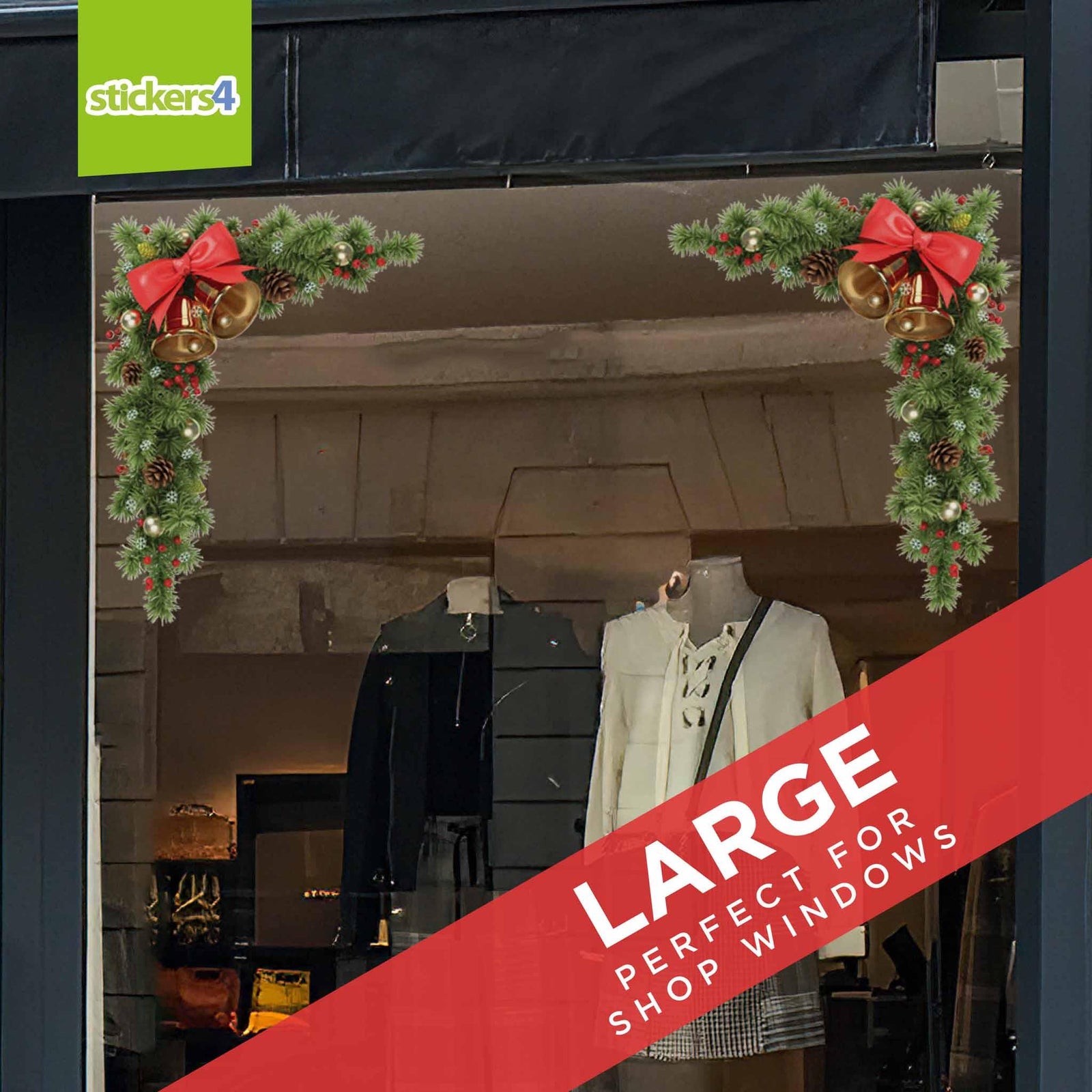 Fir, Cones & Bells Set of 4 Corners Christmas Window Display