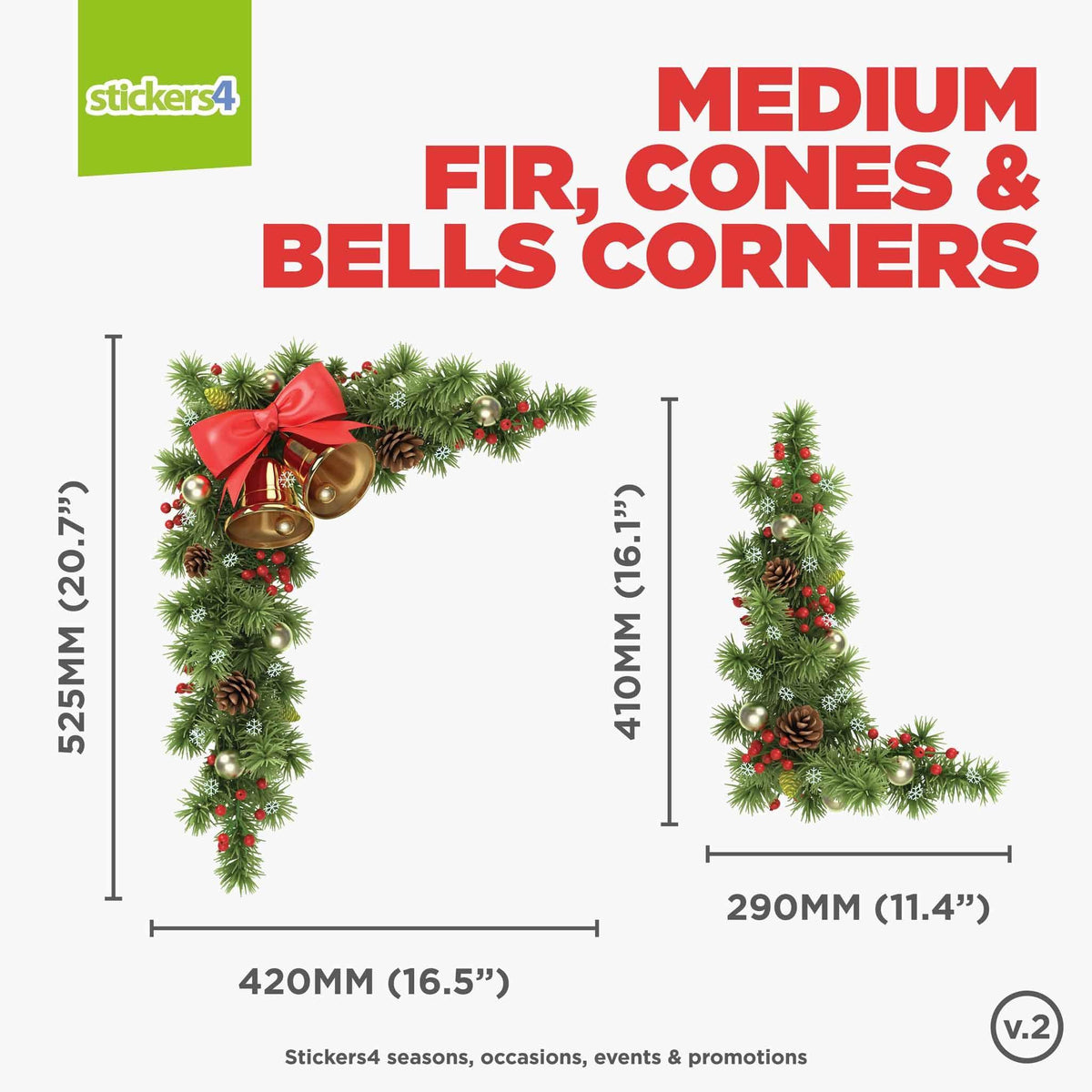 Fir, Cones &amp; Bells Set of 4 Corners Christmas Window Display