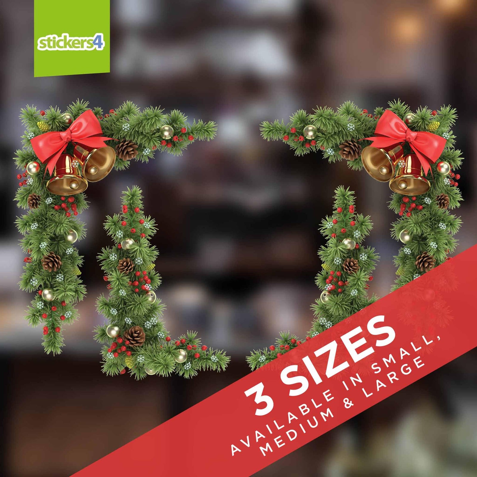 Fir, Cones & Bells Set of 4 Corners Christmas Window Display
