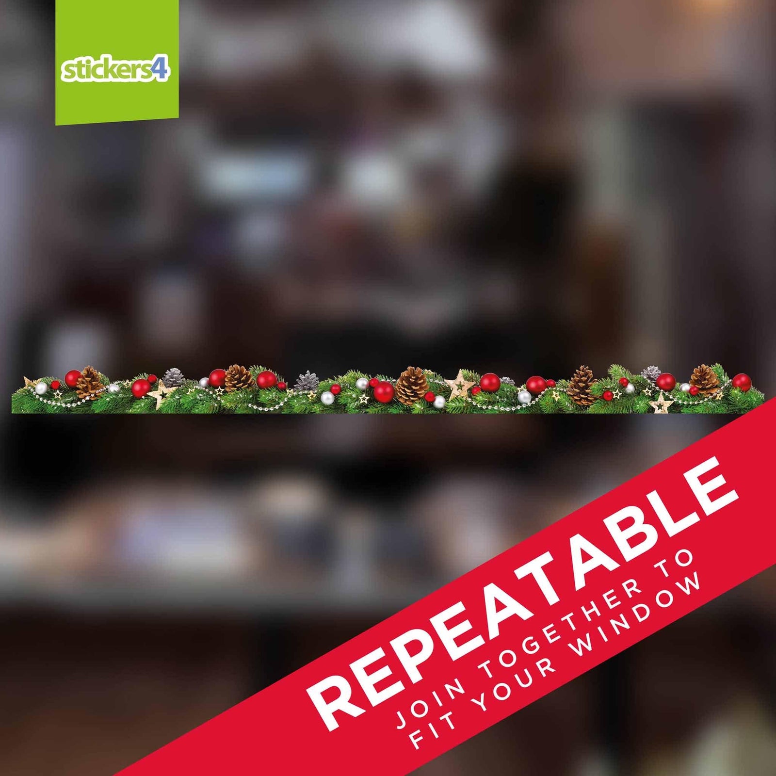 Fir Cones, Baubles and Stars Narrow Border Window Cling Sticker Christmas Window Display