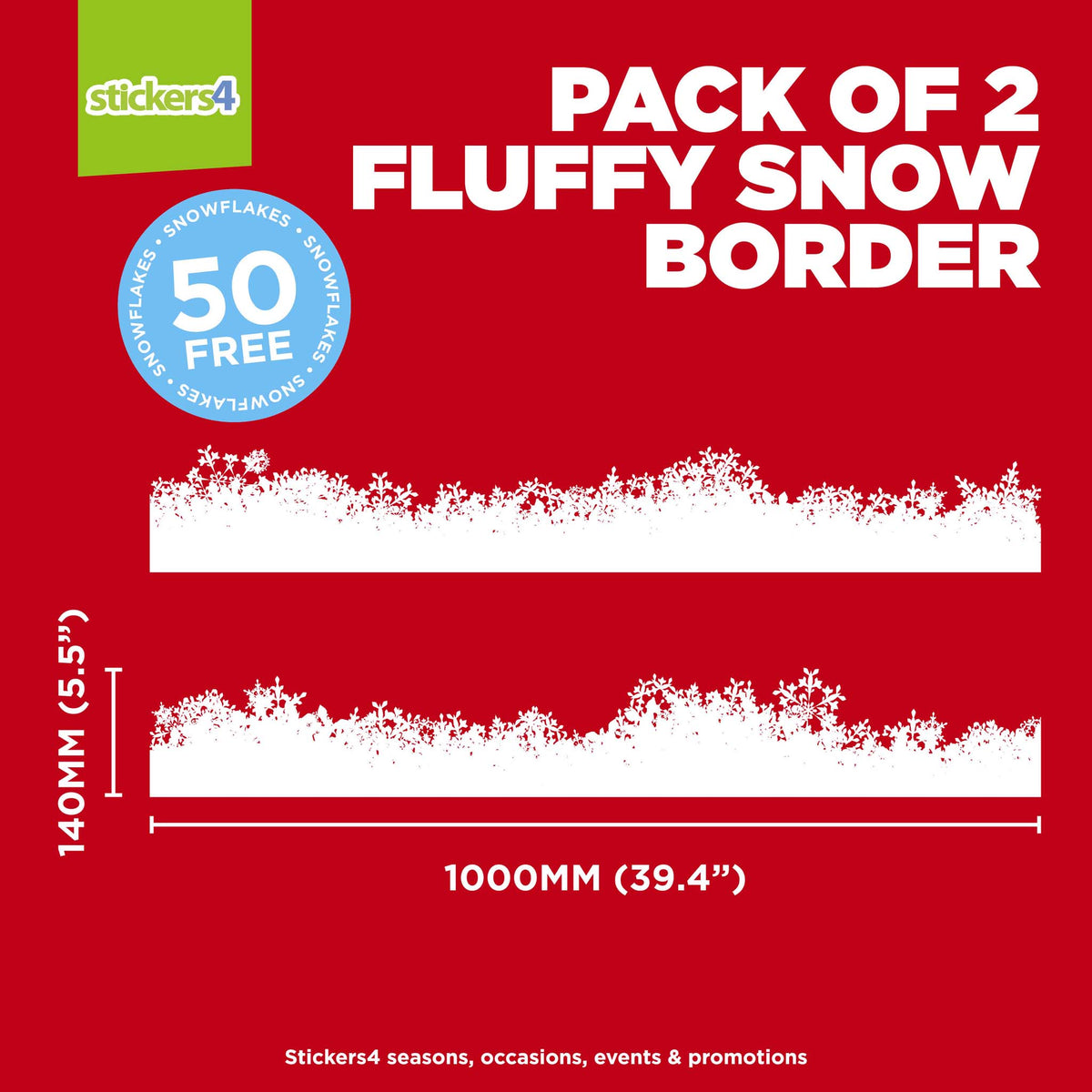 Pack of 2 fluffy snow border stickers with dimensions and free stickers offer on a red background.