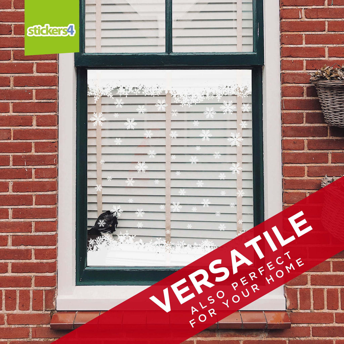 Window with decorative stickers on a brick wall, featuring the brand 'stickers4'.