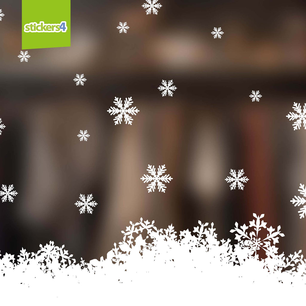 White snowflakes on a blurred background with 'stickers4' logo.