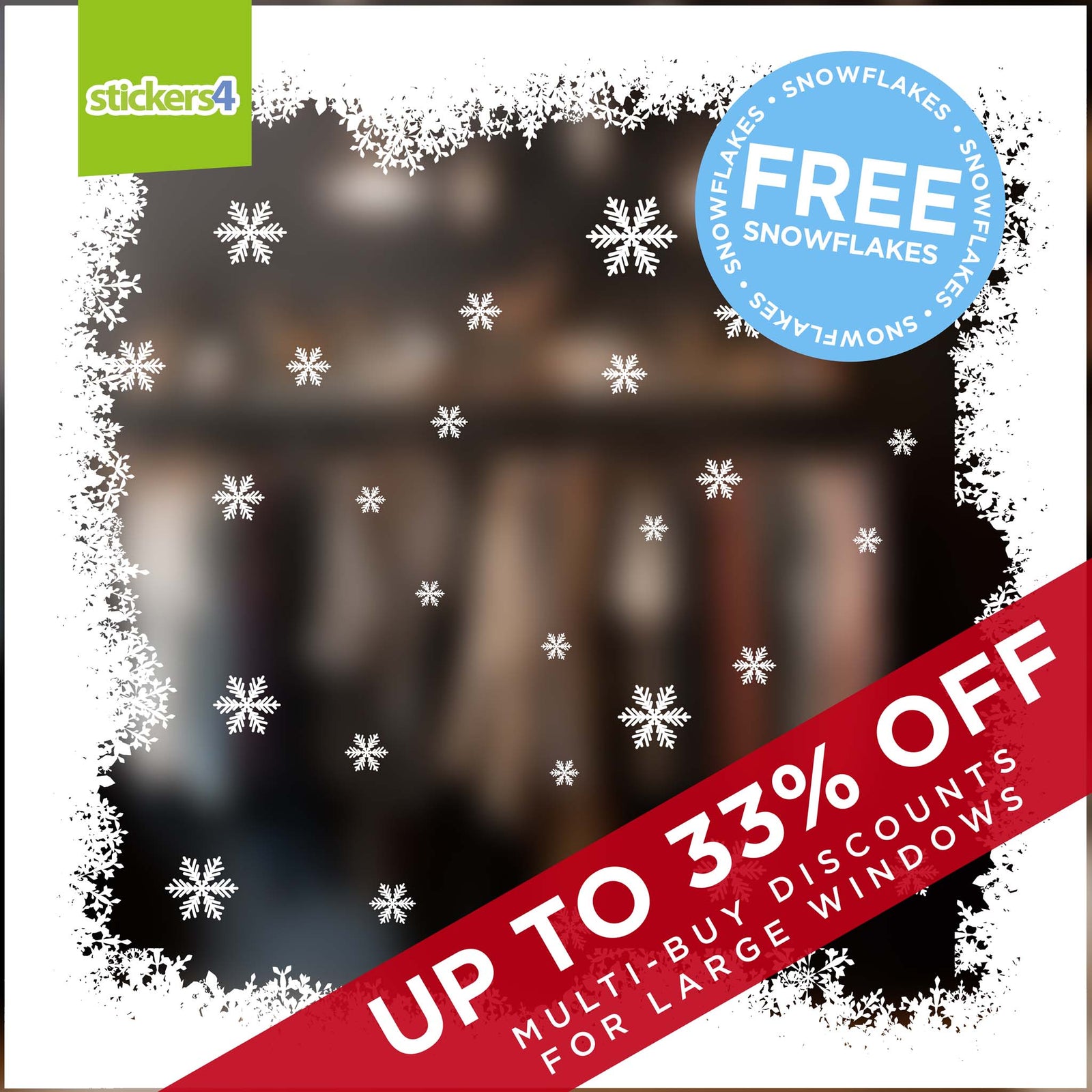 Fluffy Snow window border stickers4 with snowflake designs and discount text.
