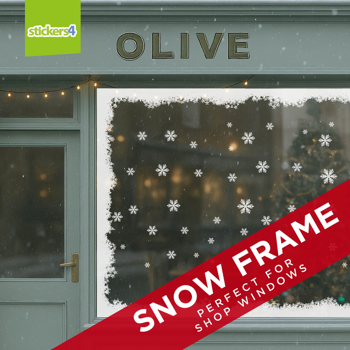 Storefront with snowflake window decals and 'OLIVE' sign, featuring 'stickers4' branding.