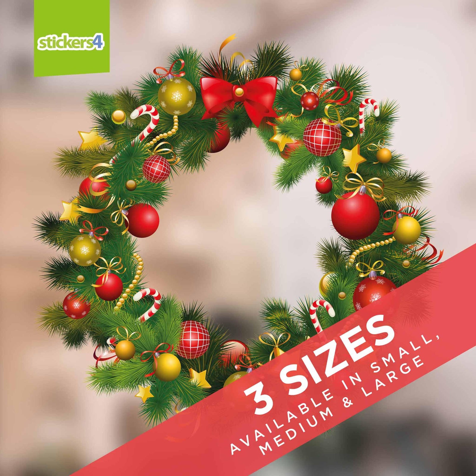 Full Colour Traditional Wreath Window Cling Sticker Christmas Window Display