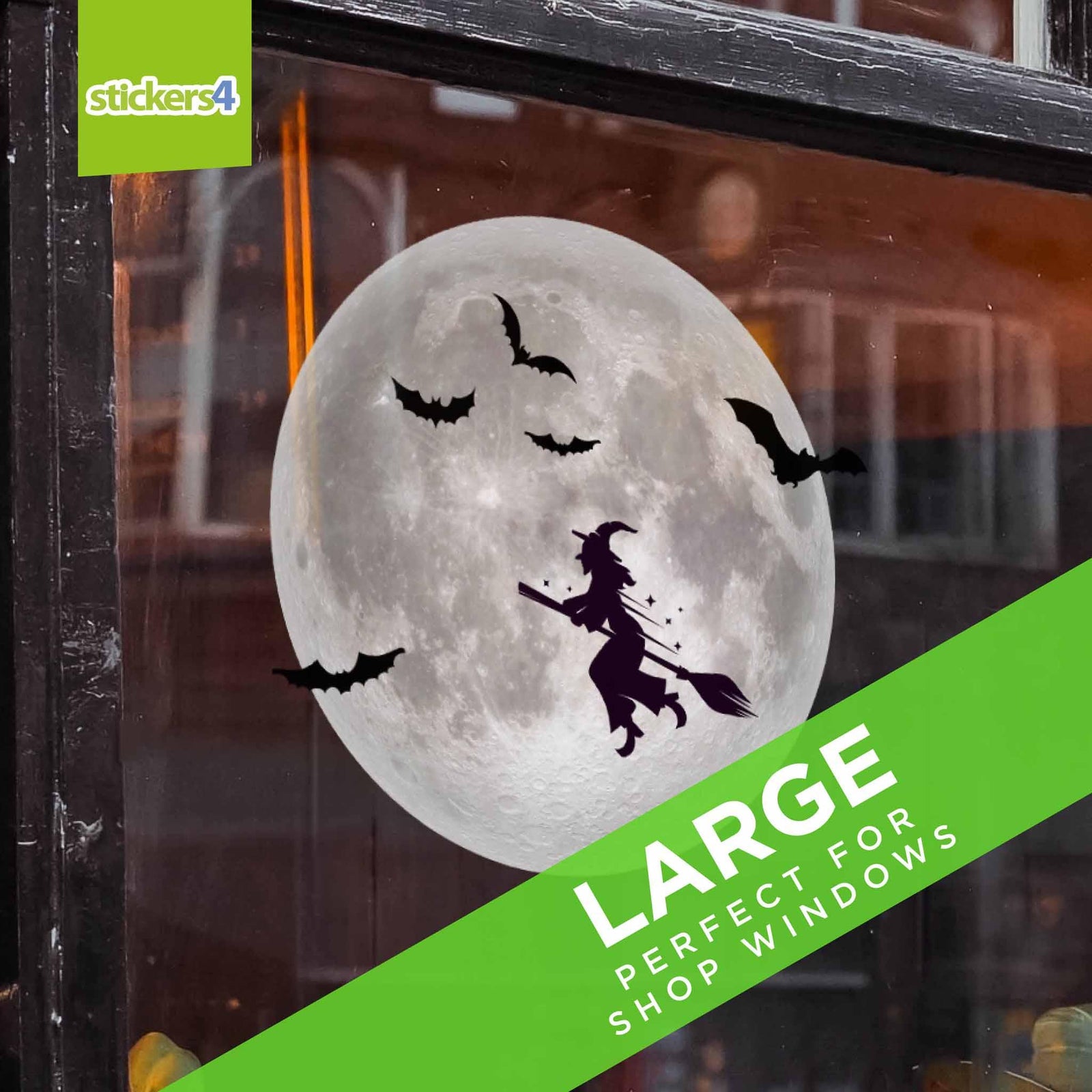 Full moon with witch and flying bats Halloween window sticker, static cling reusable design