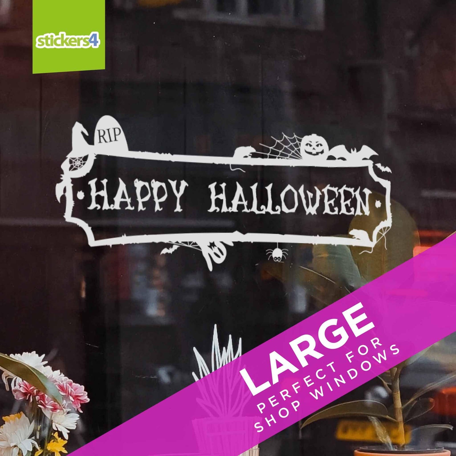 Ghoulish Happy Halloween Banner Window Sticker (Black or White) Halloween Display