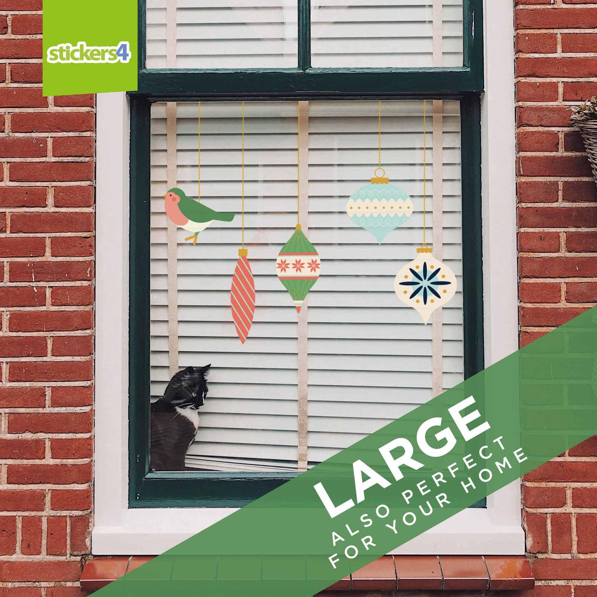 10x Green Vintage Style Decorations with Strings - Christmas Window Clings