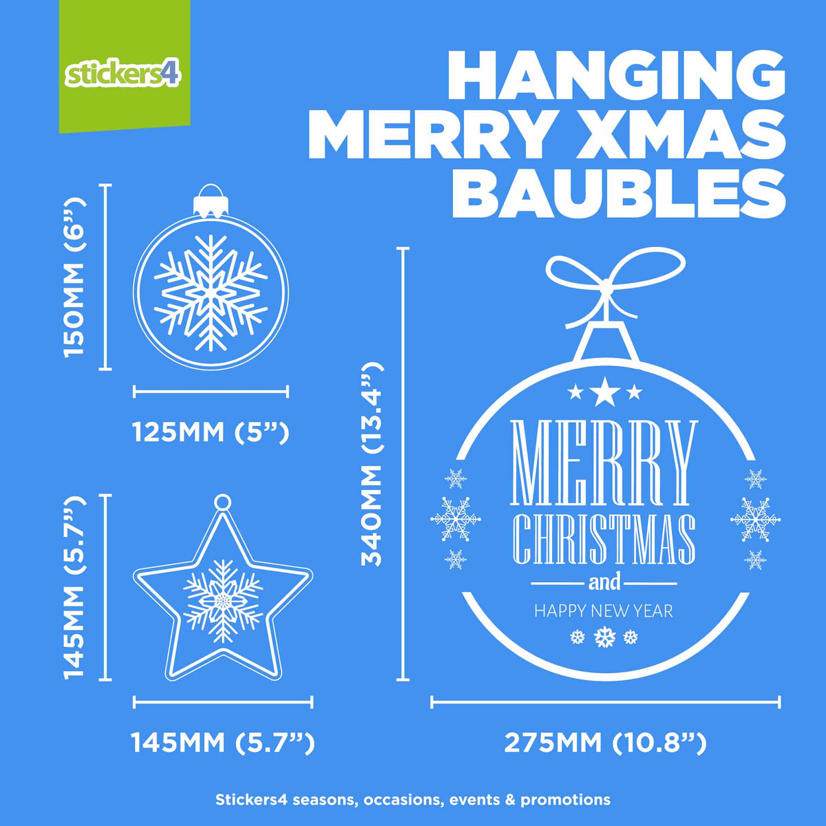 Hanging Merry Christmas &amp; Snowflake Baubles Window Stickers