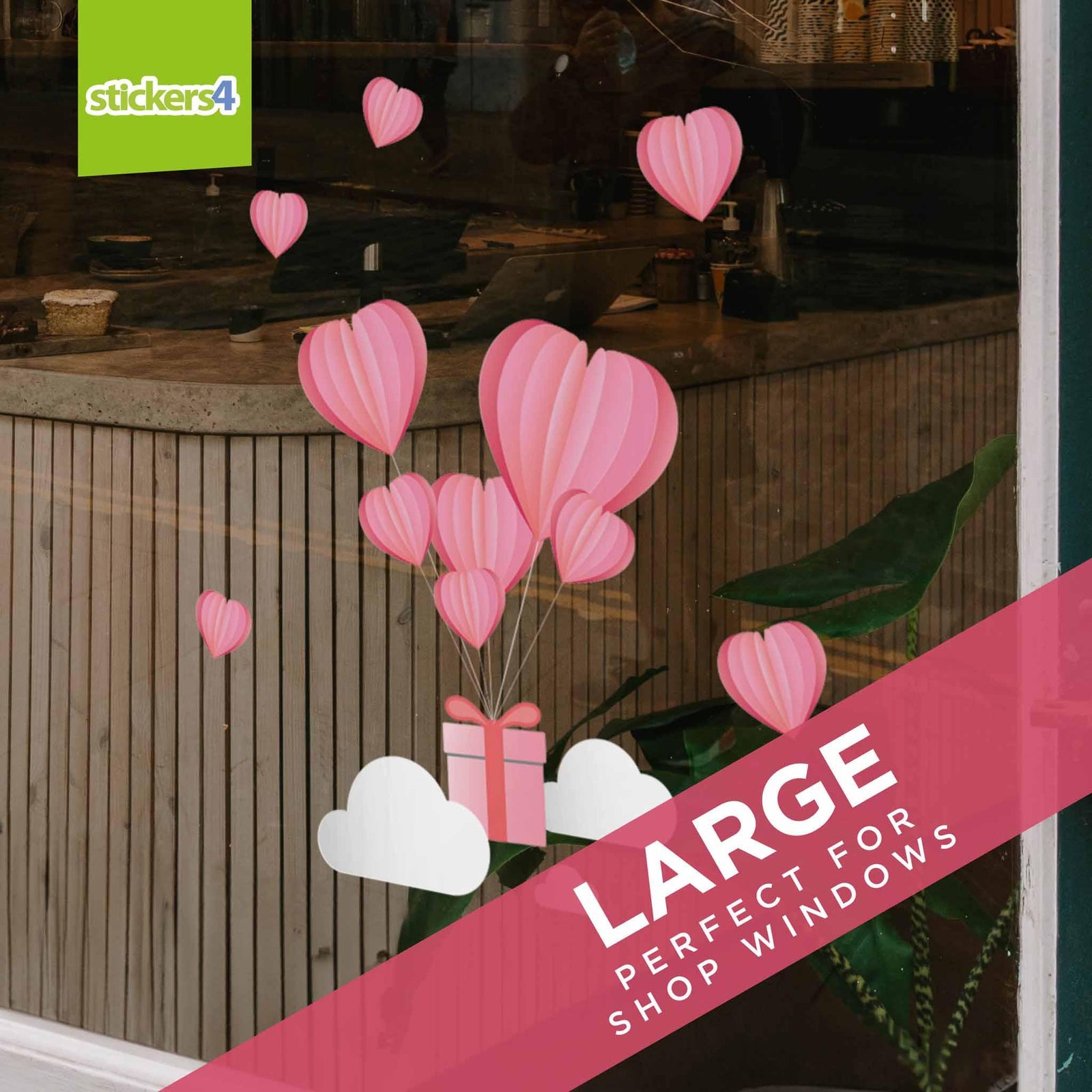 Heart Balloons and Gift - Valentine's Window Cling Valentines Window Display