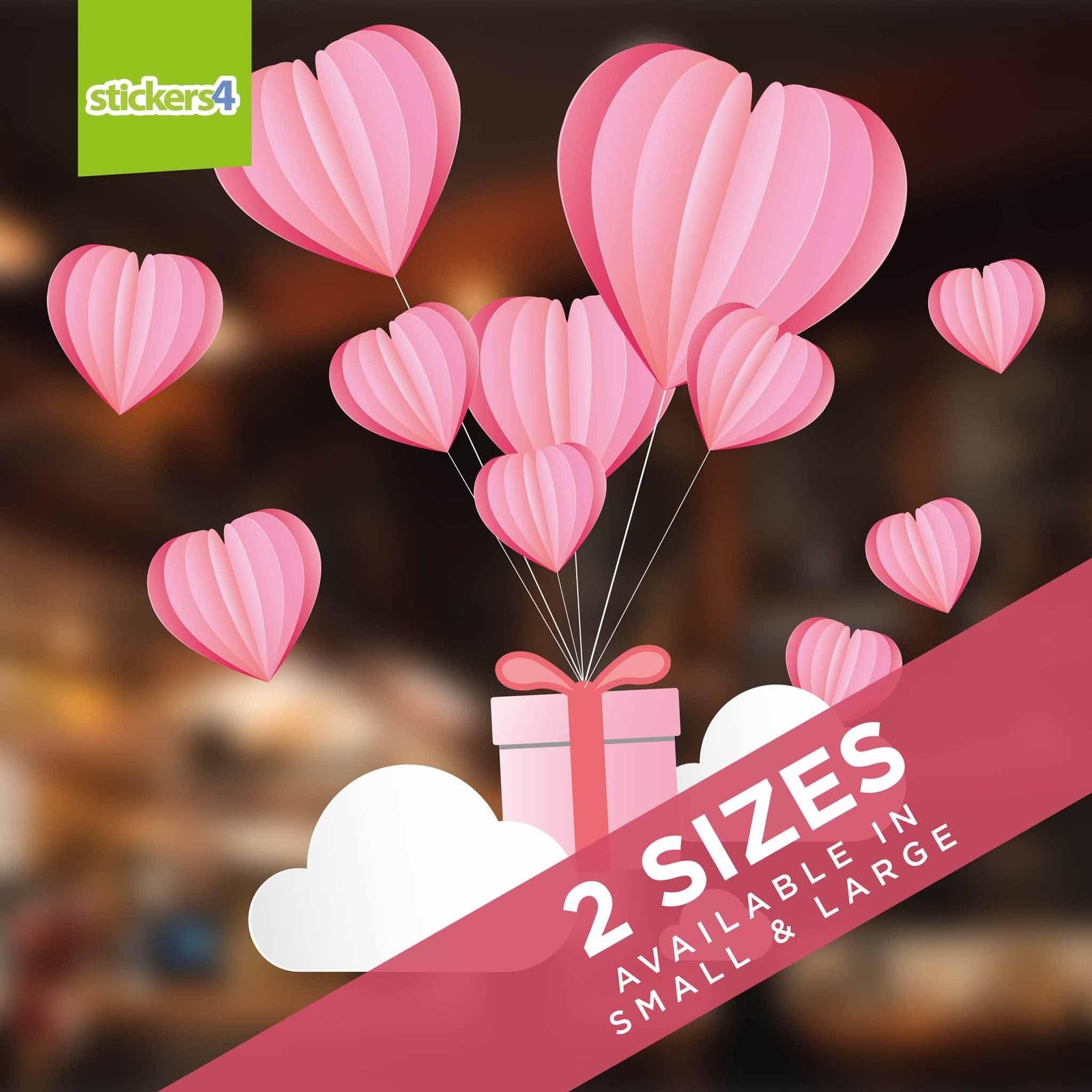 Heart Balloons and Gift - Valentine's Window Cling Valentines Window Display