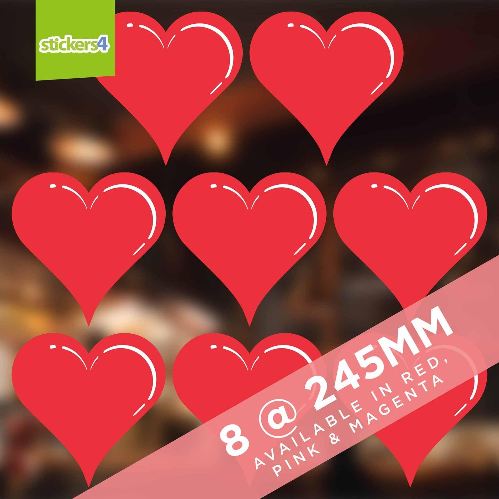 Static Cling Hearts: Pack 4 (8 Hearts @ 245mm) Valentine's Day Display