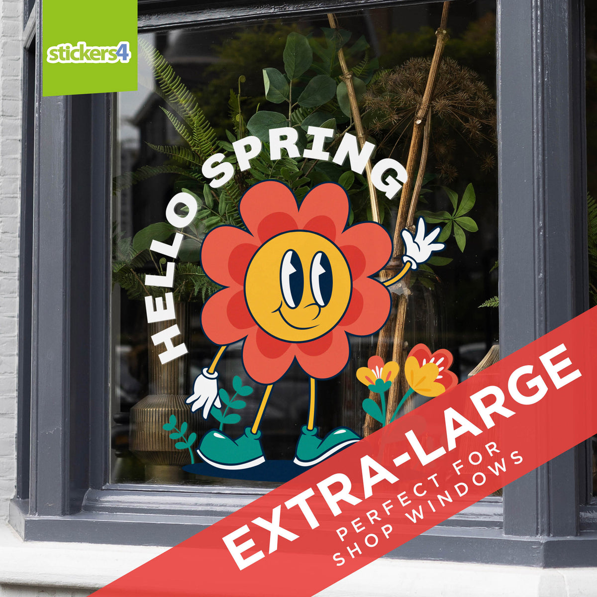 Hello Spring Retro Flower Window Sticker