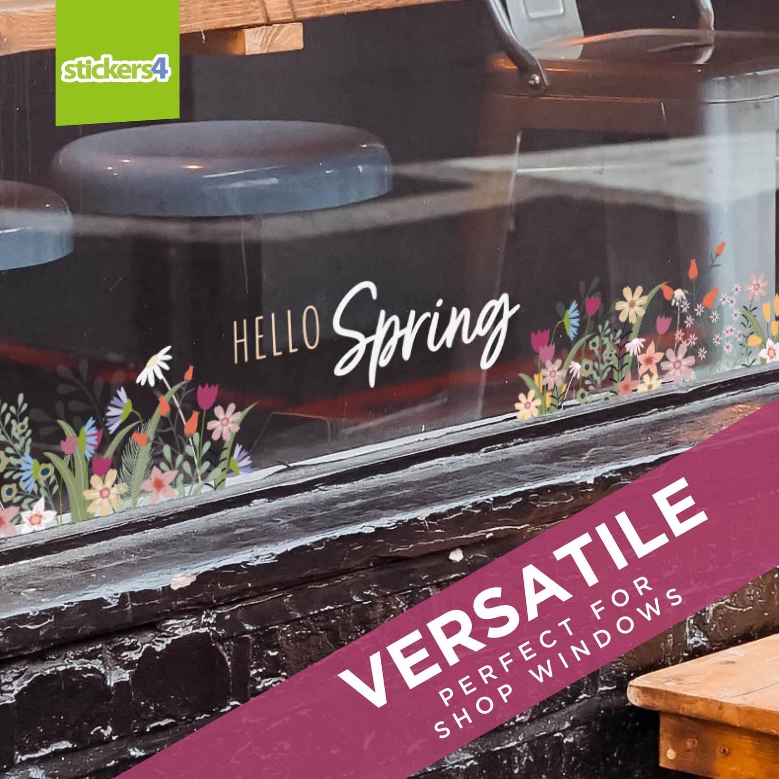 Hello Spring Script with Flowers Window Stickers Spring Window Display