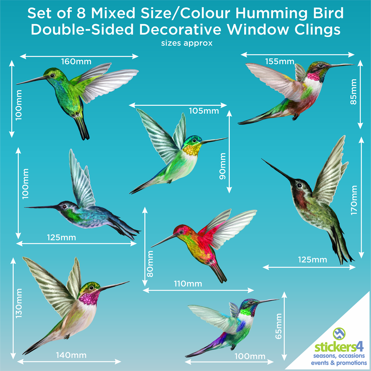 Set of 8 Mixed Size Humming Bird Window Stickers