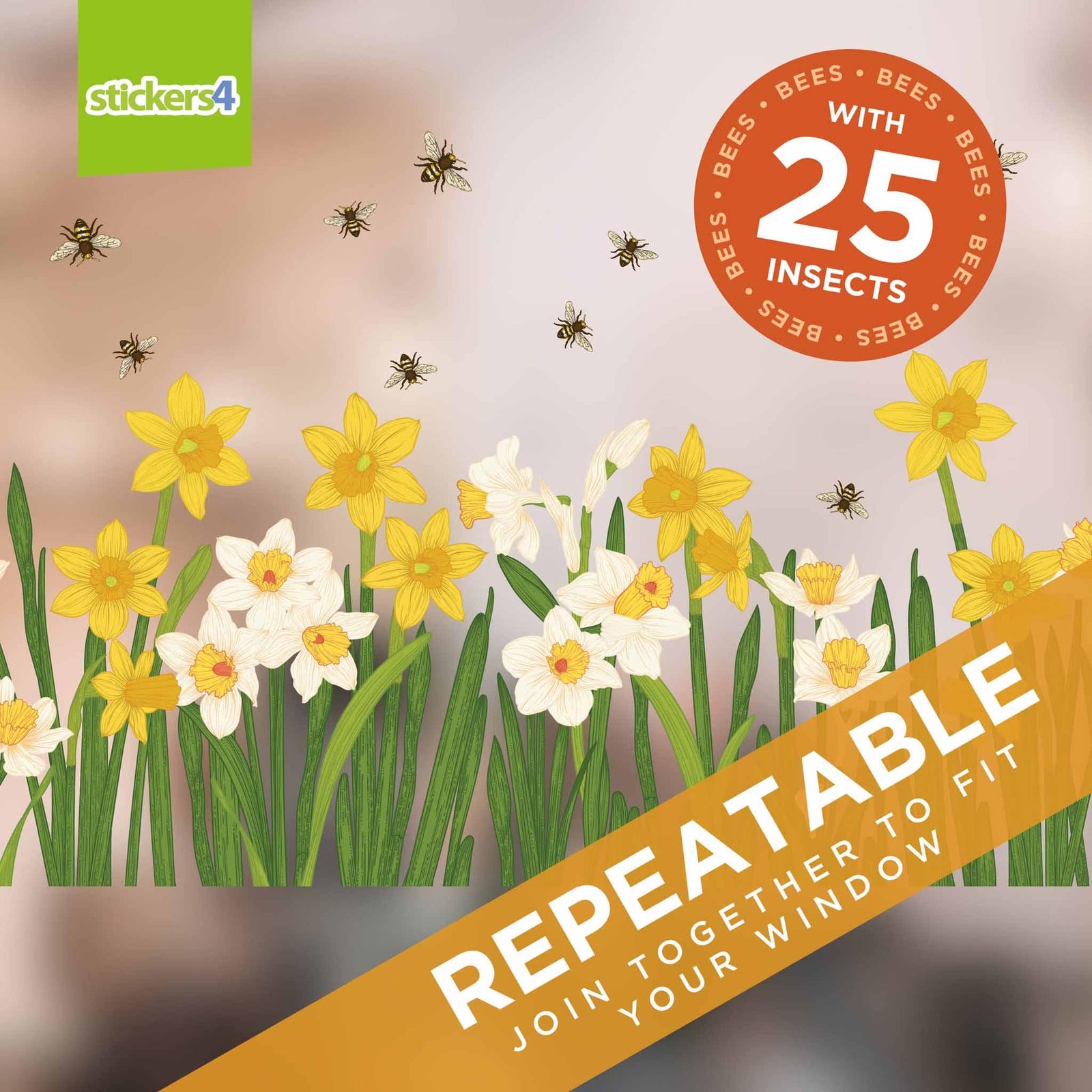 Illustrated Daffodil Border with Bees Window Stickers Spring Window Display