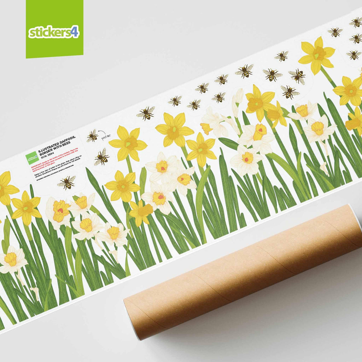 Illustrated Daffodil Border with Bees Window Stickers