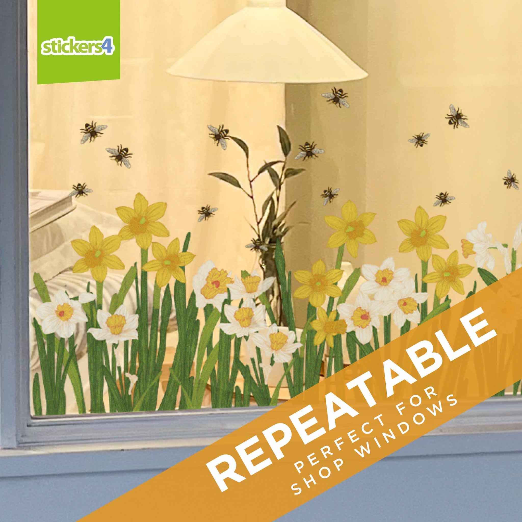 Illustrated Daffodil Border with Bees Window Sticker | Stickers4