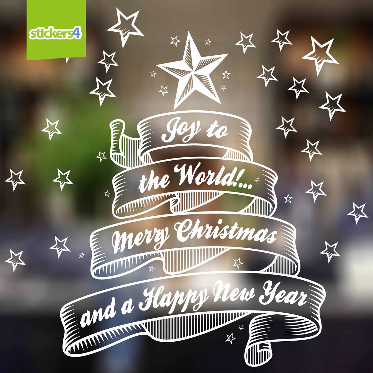 Joy to the World Christmas window sticker with 20 separate white stars