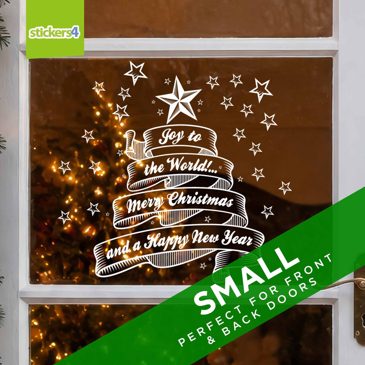Small Joy to the World Christmas window sticker displayed on a glazed door