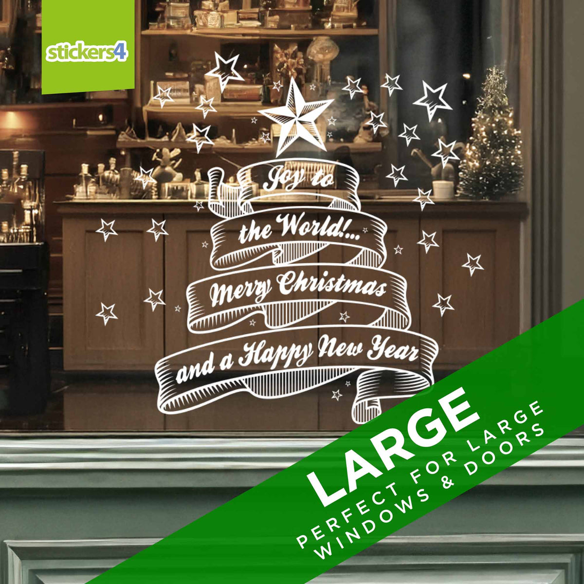 Large Joy to the World Christmas window sticker displayed on a shopfront