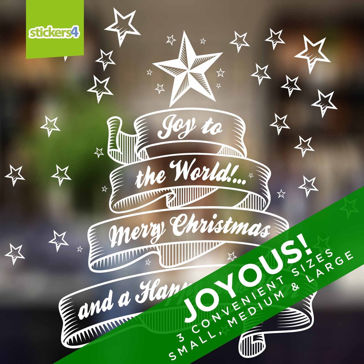 Joy to the World Christmas window sticker with 20 separate white stars