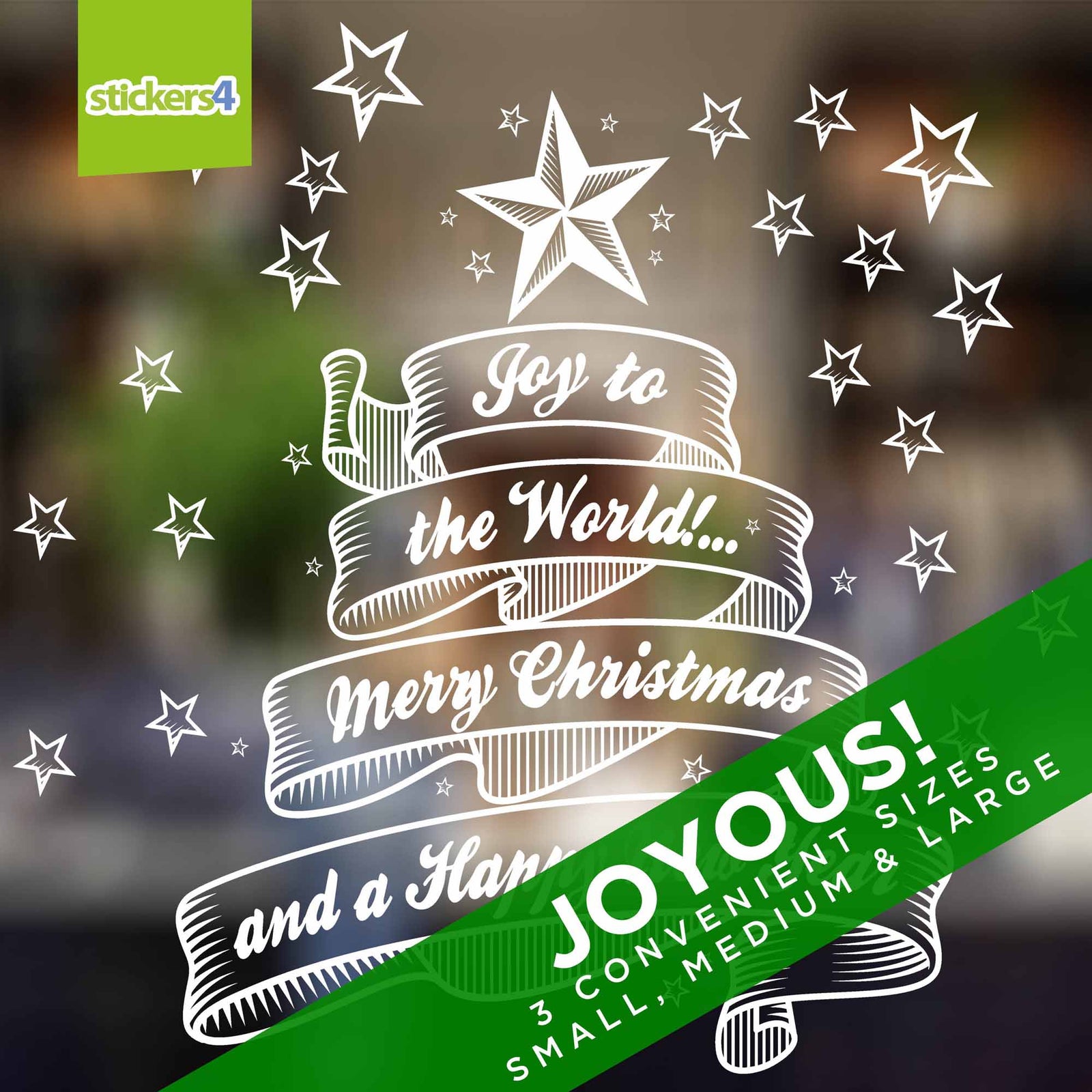 Joy to the World Christmas window sticker with 20 separate white stars