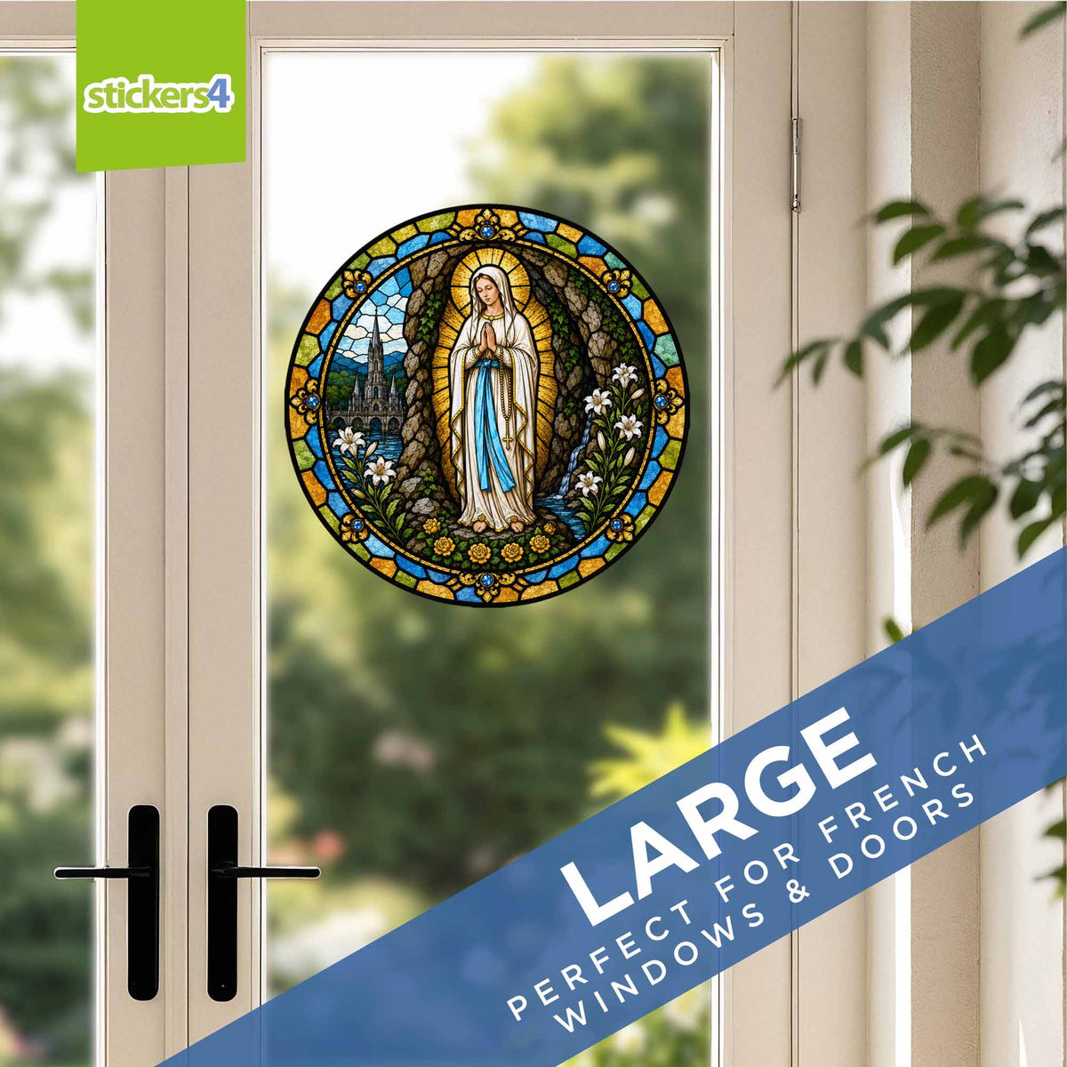 Stained Glass Our Lady of Lourdes Window Cling Sticker