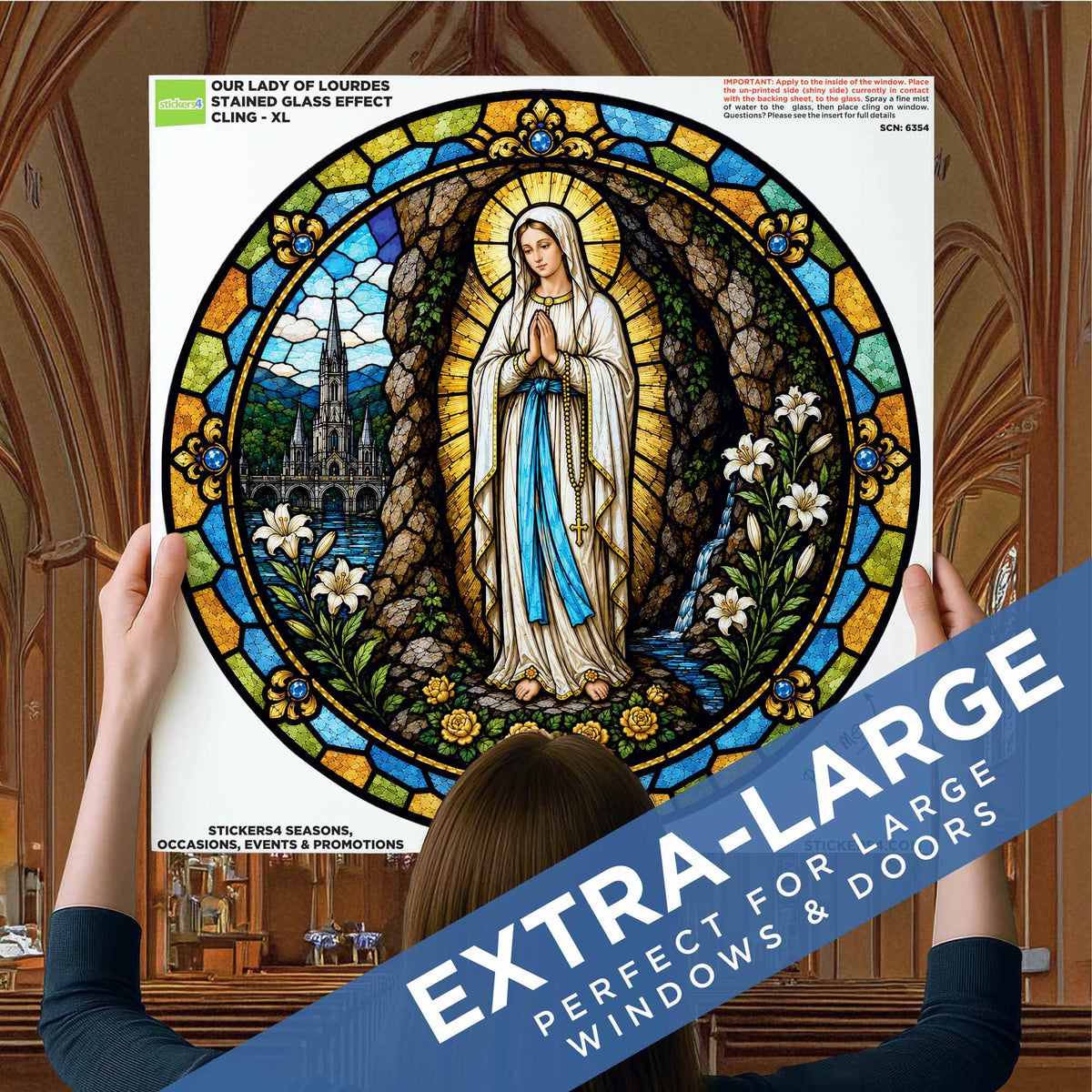 Stained Glass Our Lady of Lourdes Window Cling Sticker