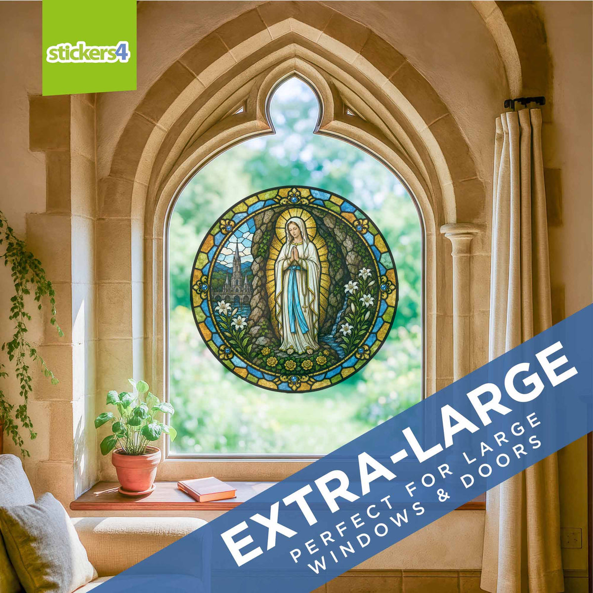 Stained Glass Our Lady of Lourdes Window Cling Sticker