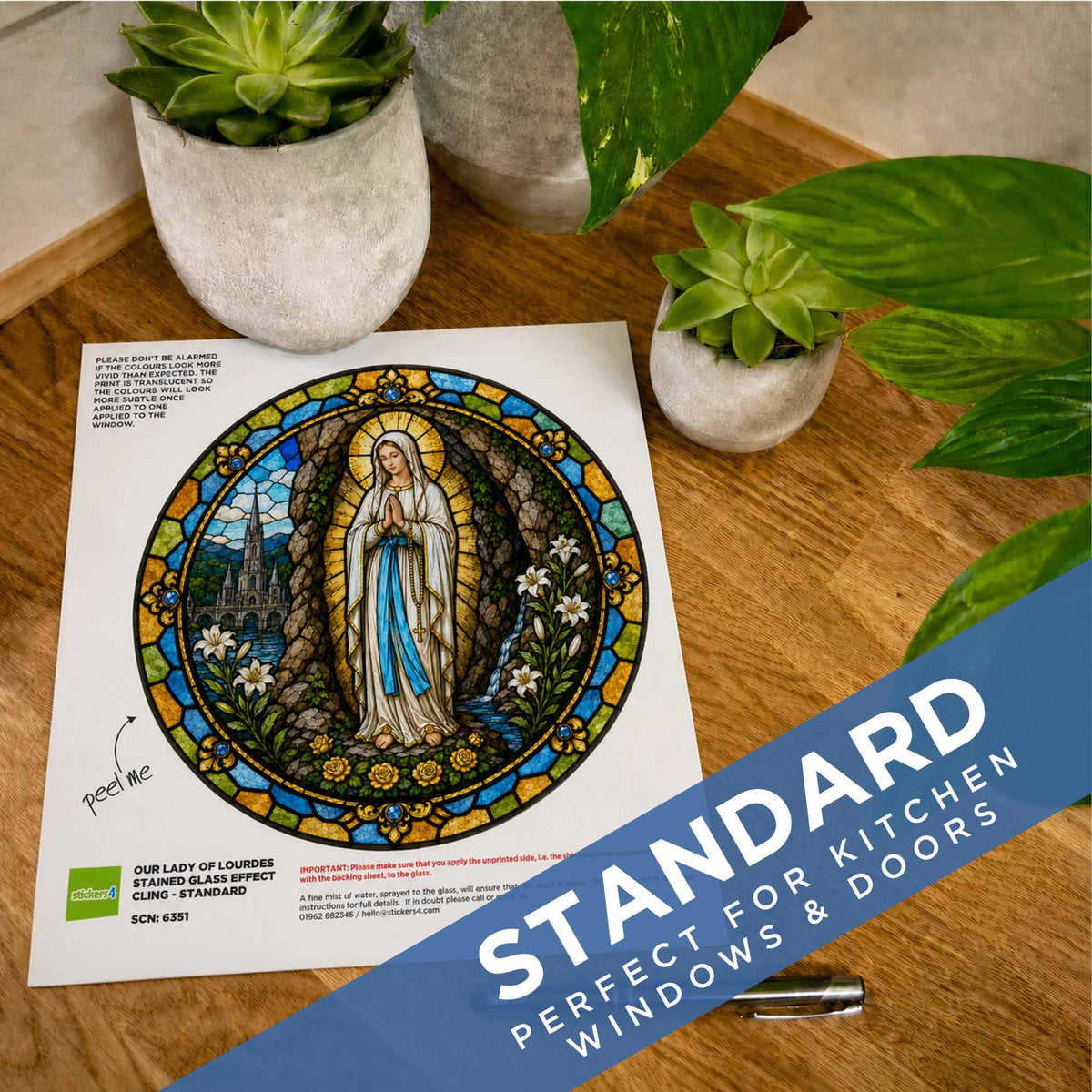 Stained Glass Our Lady of Lourdes Window Cling Sticker