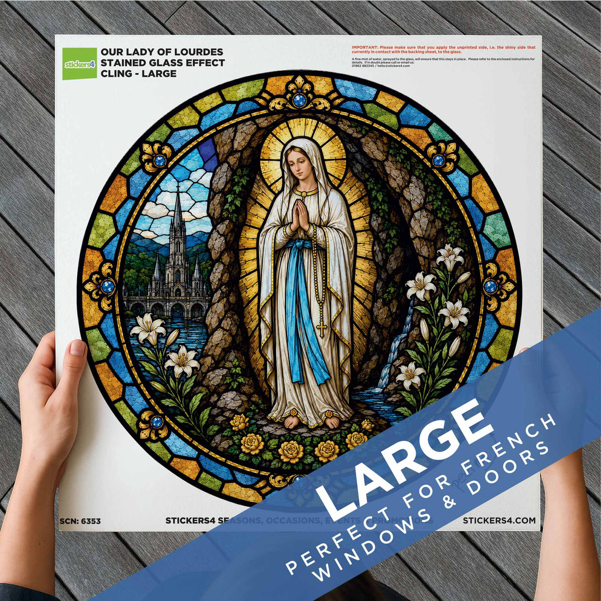 Stained Glass Our Lady of Lourdes Window Cling Sticker