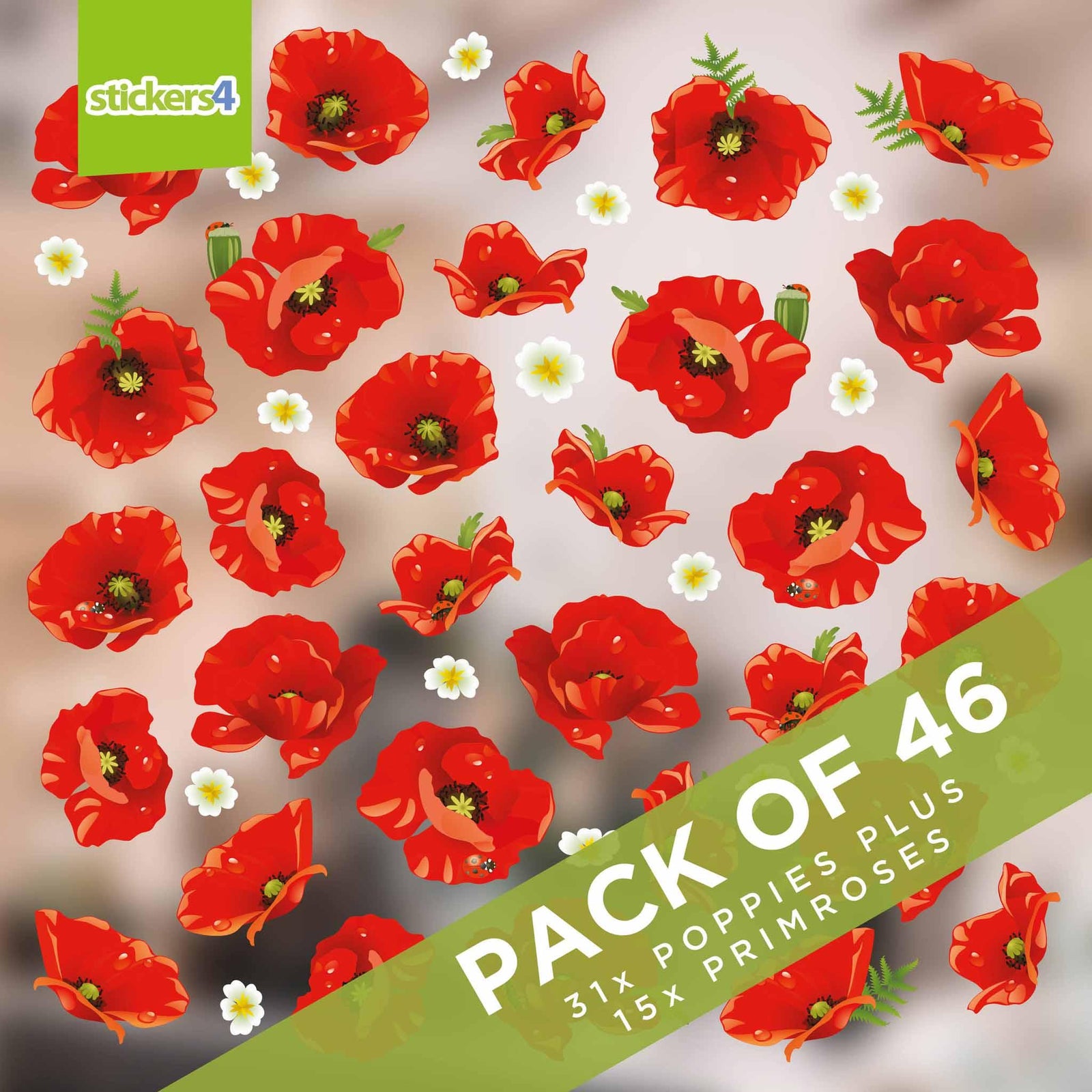 Large Pack of Poppy Flower Window Clings Remembrance Window Display