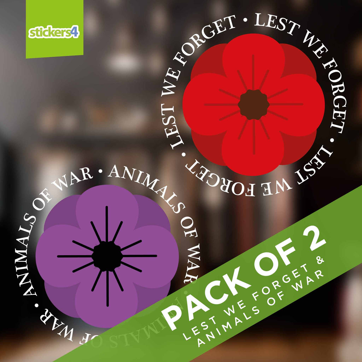 Lest We Forget &amp; Animals of War Poppy Roundel Double Pack - Remembrance Day Window Stickers