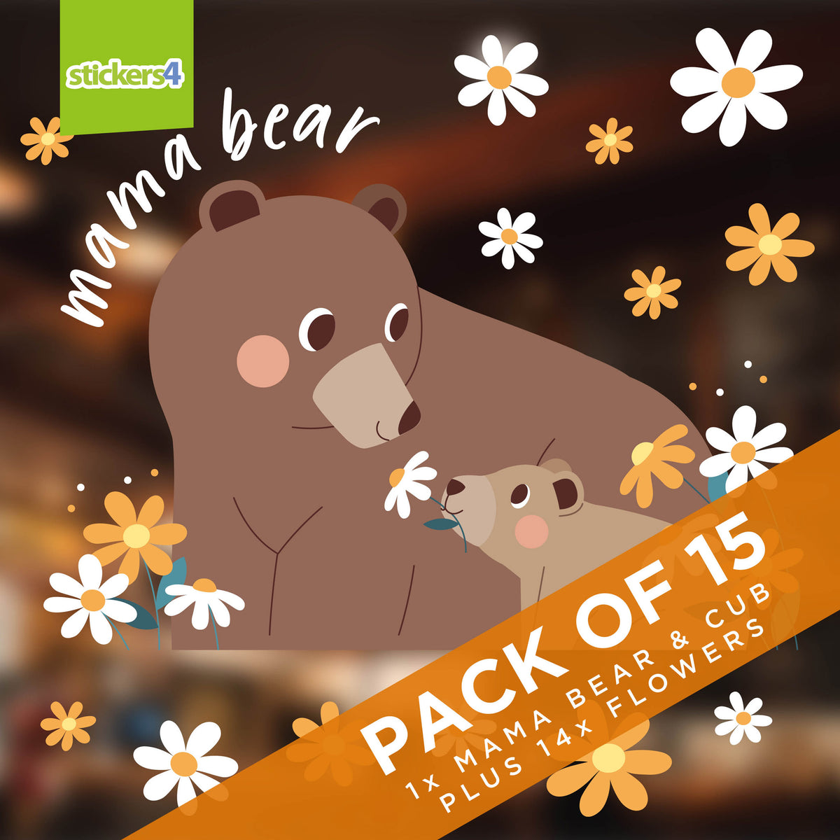 Mama Bear with Flowers Window Stickers