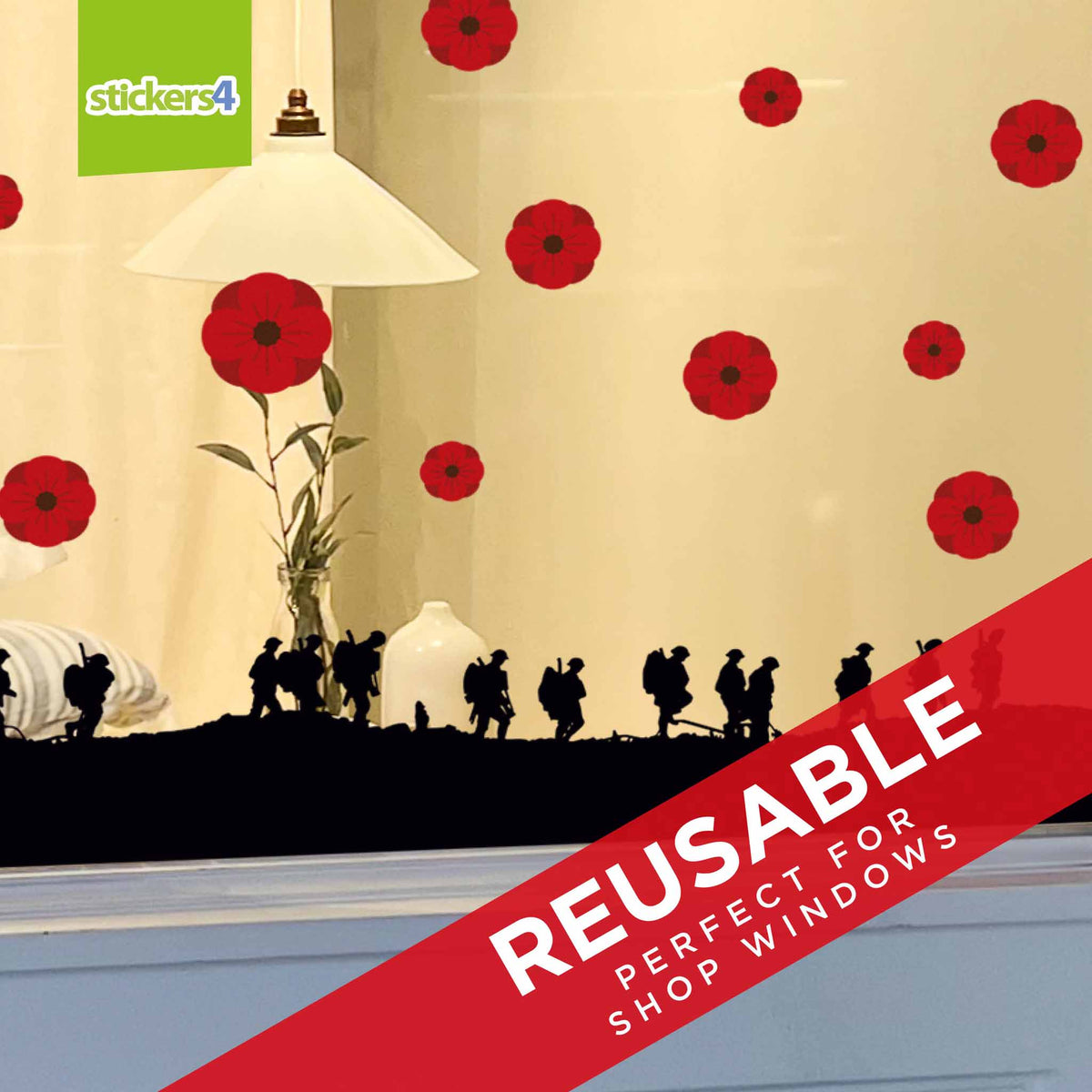 Marching Soldier Silhouette Border with 16x Poppies- Remembrance Day Window Decoration