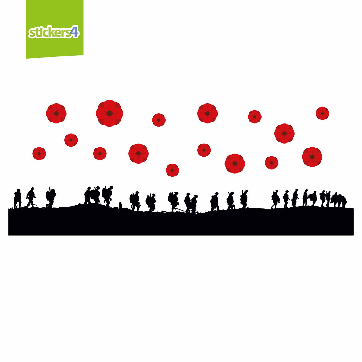 Marching Soldier Silhouette Border with 16x Poppies- Remembrance Day Window Decoration