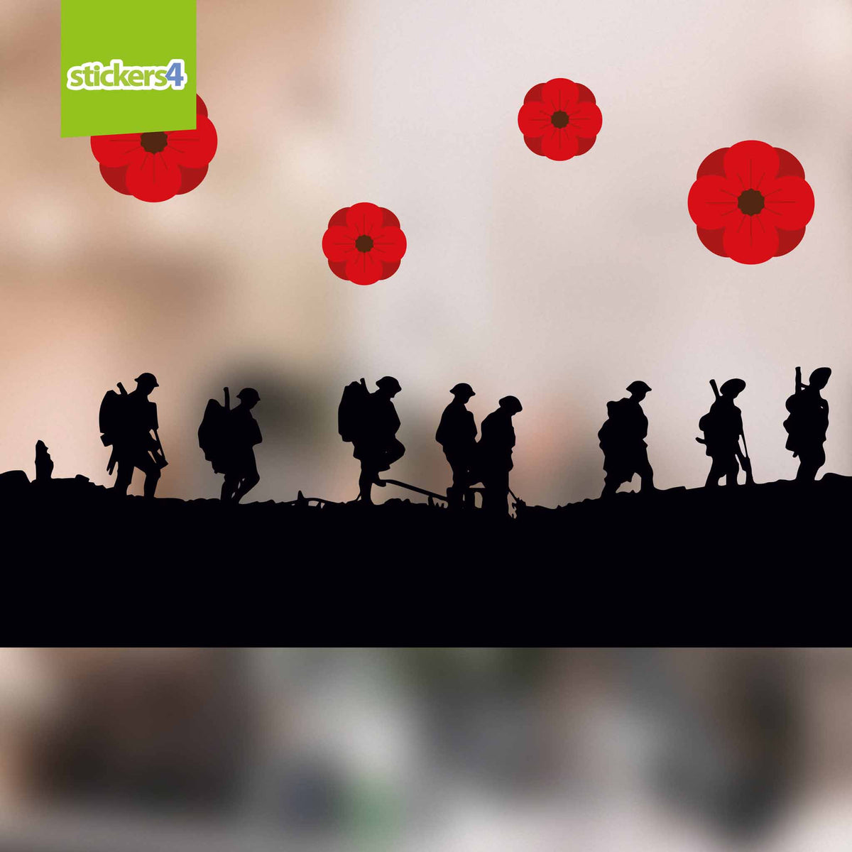 Marching Soldier Silhouette Border with 16x Poppies- Remembrance Day Window Decoration