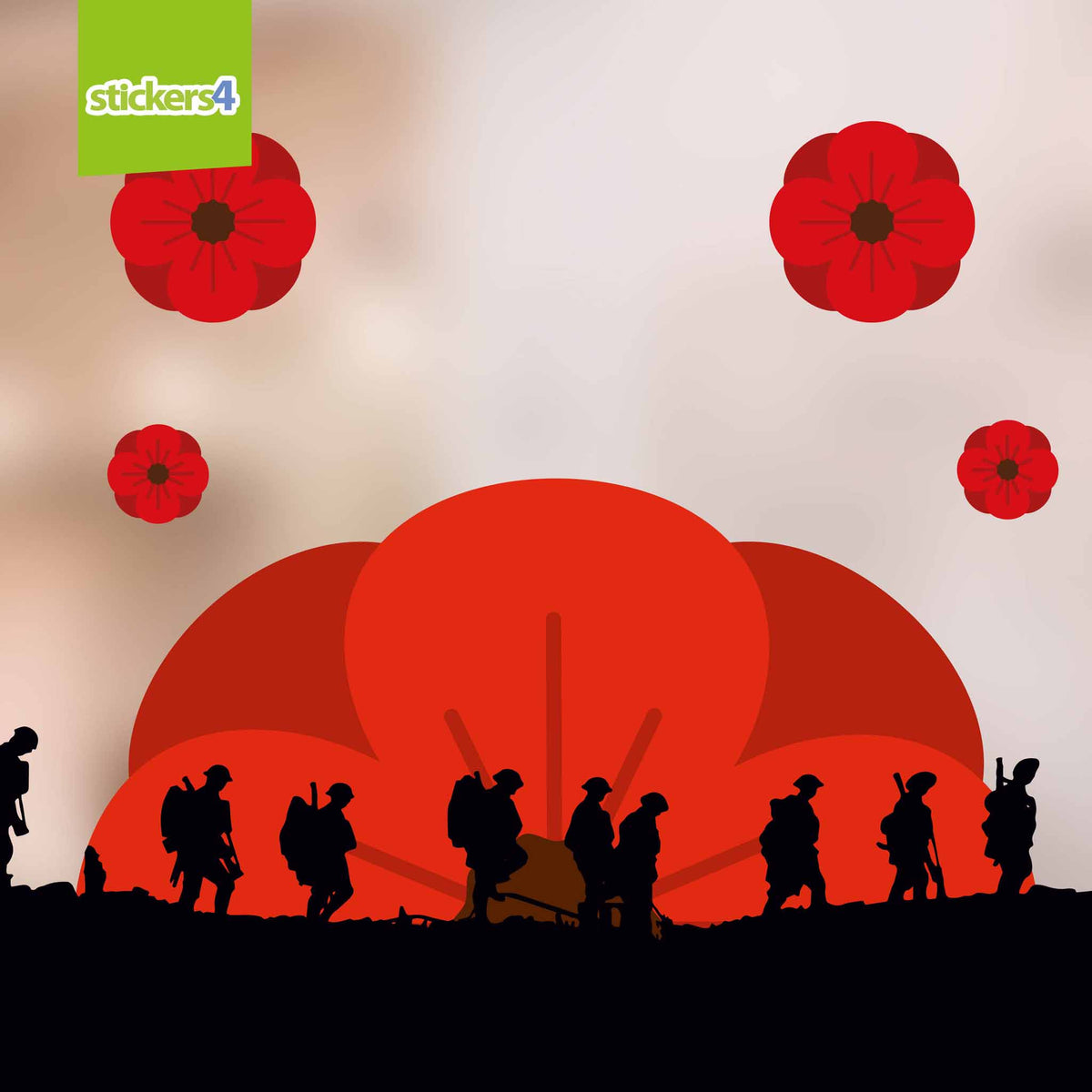 Marching Soldier Silhouette Border with Poppy - Remembrance Day Window Decoration