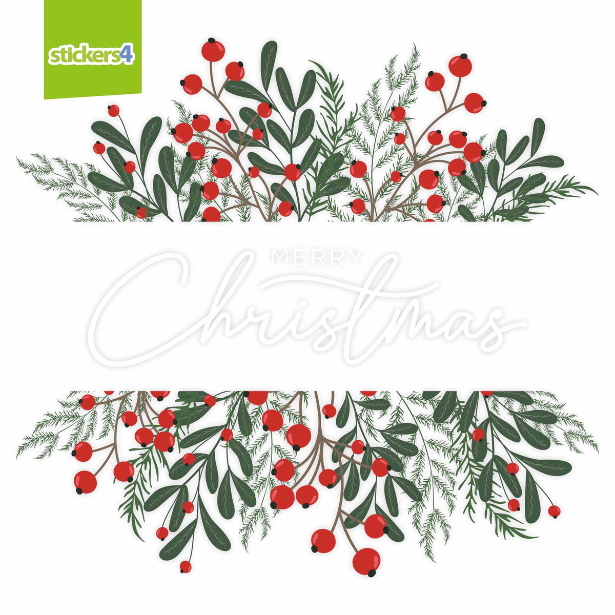 Merry Christmas Berries Foliage Window Stickers