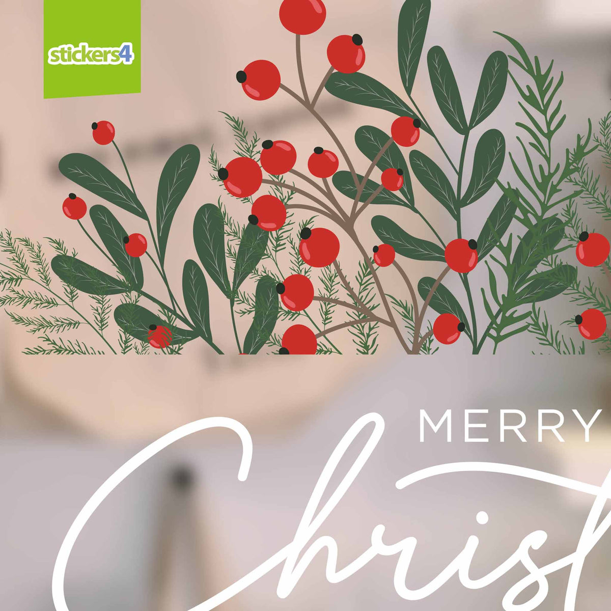 Merry Christmas Berries Foliage Window Stickers